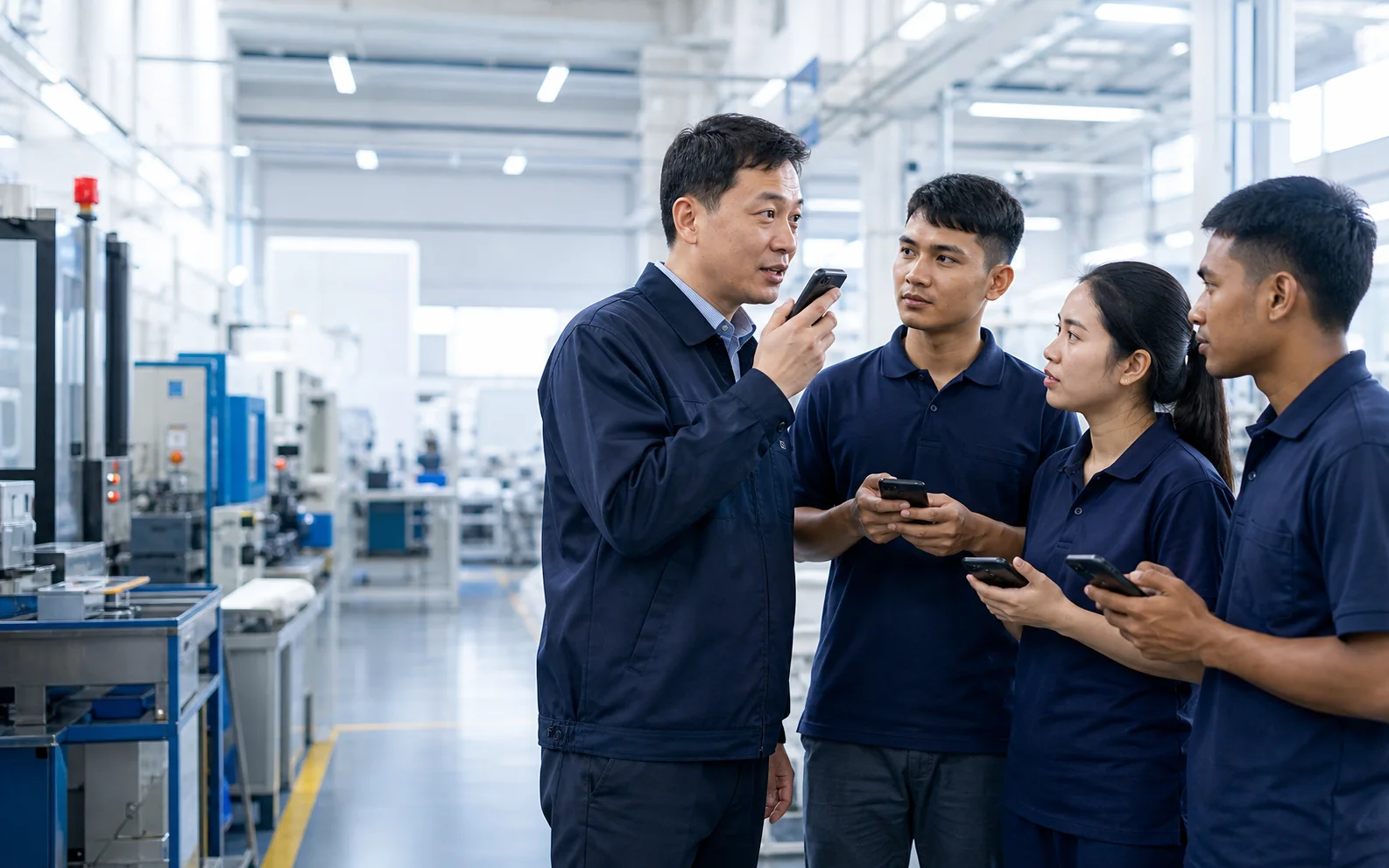 工廠主管與多國籍組員各自用手機進行多語即時對講