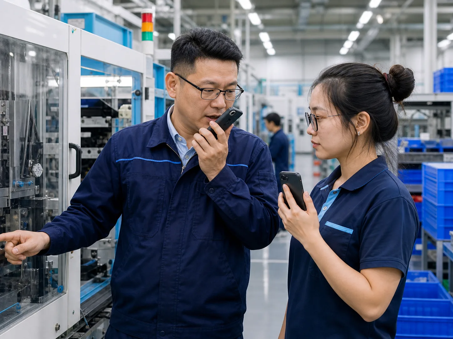製造業主管與組員在產線旁使用手機進行即時對講