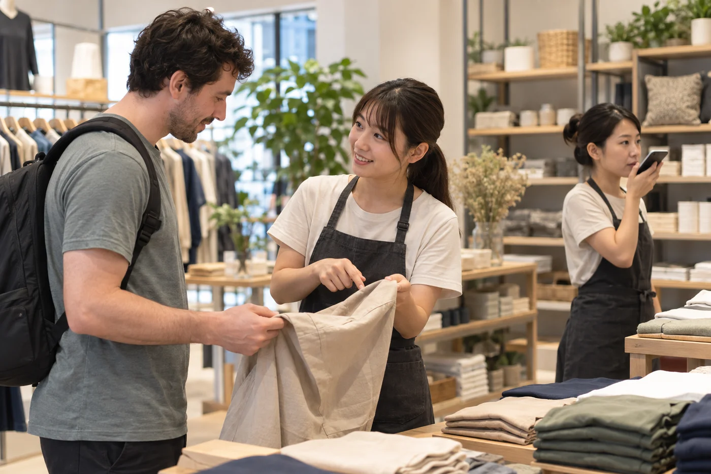 門市店員與外籍旅客用手機進行多語即時對講